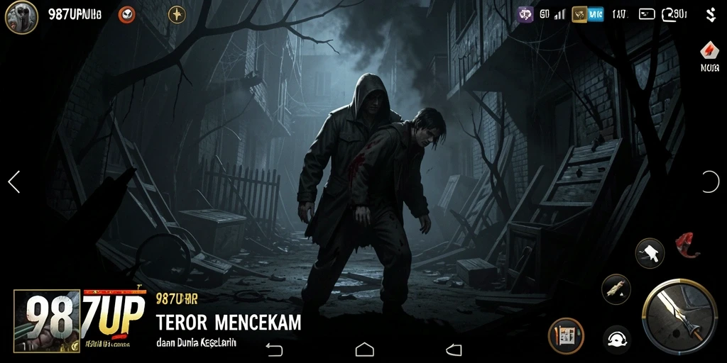Screenshot gameplay 987UP menunjukkan suasana kegelapan yang mencekam.