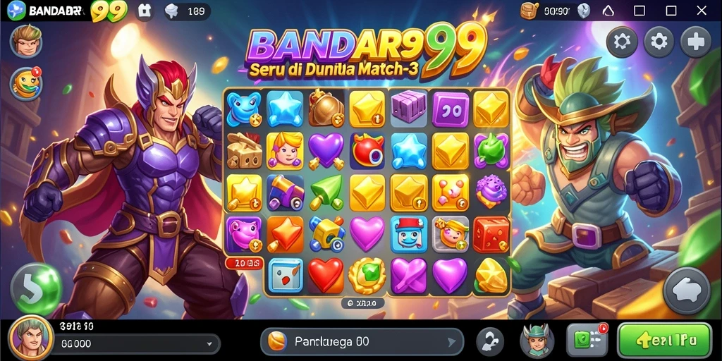 Screenshot utama BANDAR99 menampilkan gameplay Match-3 yang mendebarkan.