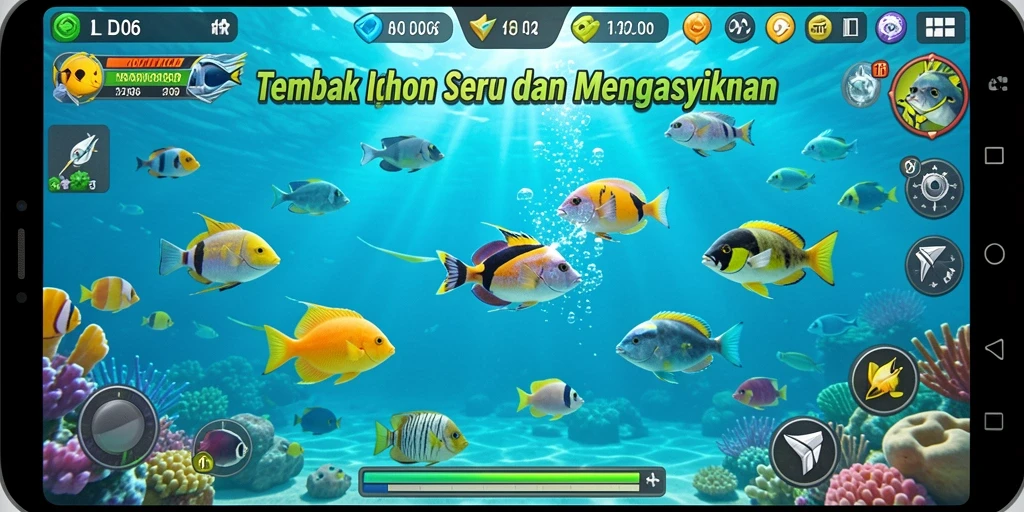 Screenshot gameplay D06 menampilkan aksi menembak ikan yang seru.