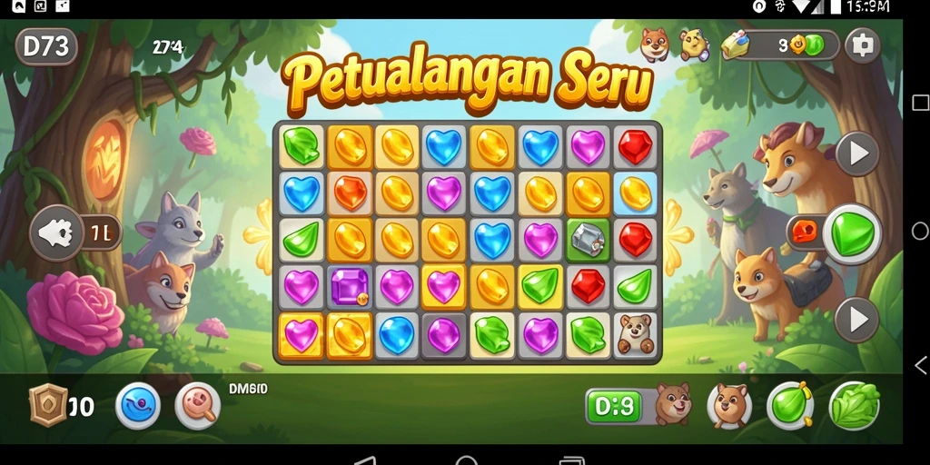 Screenshot yang menunjukkan gameplay seru D73 dengan mencocokkan permata.
