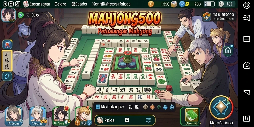 Screenshot gameplay MAHJONG500 menampilkan karakter Anime yang berinteraksi.