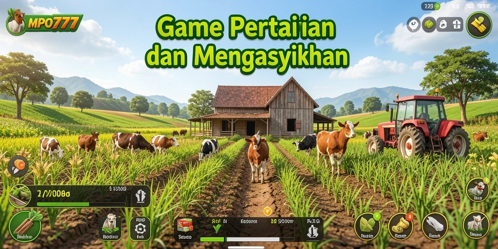 Screenshot MPO777 menampilkan gameplay menarik dengan ladang yang rimbun dan hewan ternak.
