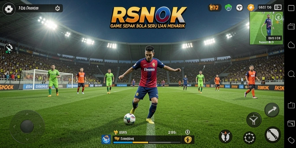 Screenshot tampilan permainan RSNOK yang menampilkan aksi sepak bola seru.