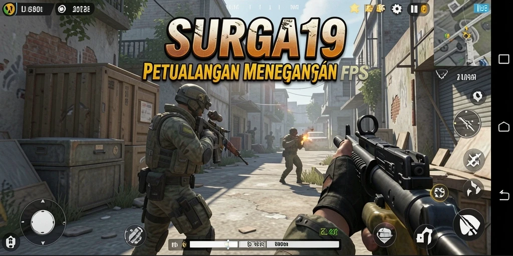 Tampilan gameplay <strong>SURGA19</strong> yang intens dan mendebarkan dalam misi FPS.